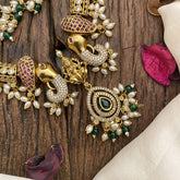 Vriksham Dual Elephant Lakshmi Red Green Hasli Choker-Rice Pearl-G16607